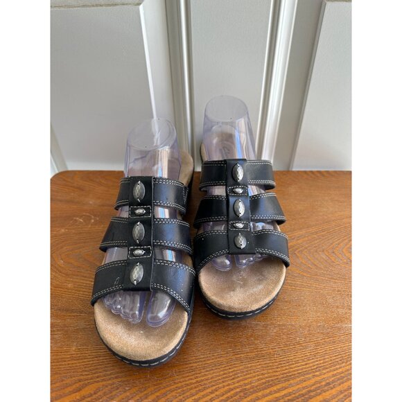 Women's Clarks Collection Textured Leather Slip On Sandals Black Size 10 Sku 299 - Picture 4 of 8